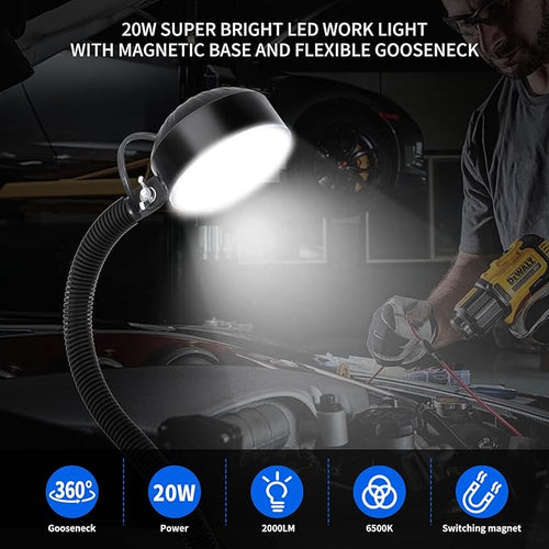 20W WangJiaTai Magnetic Work Light, LED Machine Light with 20 in Flexible Gooseneck and Magnetic Base, Magnetic Shop Lamp, Lathe Light, for Work Bench, Sewing Machine, Grill, Industrial Lighting,Black