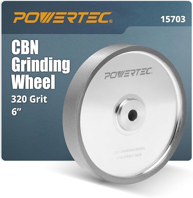 POWERTEC CBN Grinding Wheel 6 Inch 320 Grit, 1" Wide, 1/2" Arbor – Bench Grinder Sharpening Wheel for HSS Tools, Lathe Chisels, and Woodturning Tools (15703)