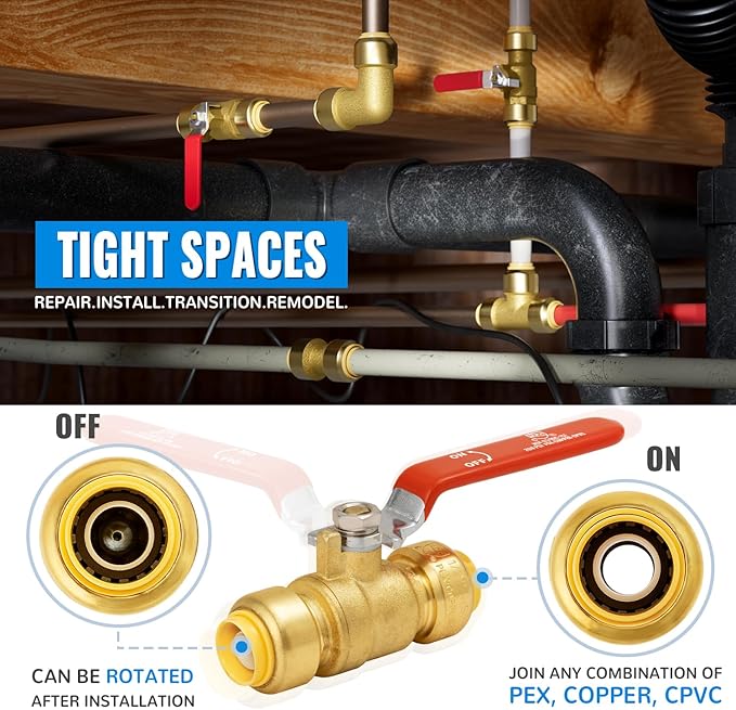 SUNGATOR 1/2 Inch Ball Valve, Water Shut Off Valve, No Lead Brass Push to Connect Plumbing Water Shutoff for PEX Pipe, Copper, CPVC, PE-RT, With 1 Disconnect Clip, Pack of 6