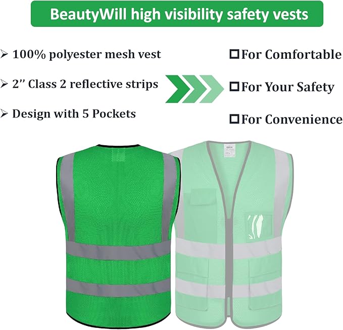BeautyWill Custom Logo 10/20 Pack Safety Vest Class2 High Visibility Vest with Pockets Breathable Construction Vest Bulk
