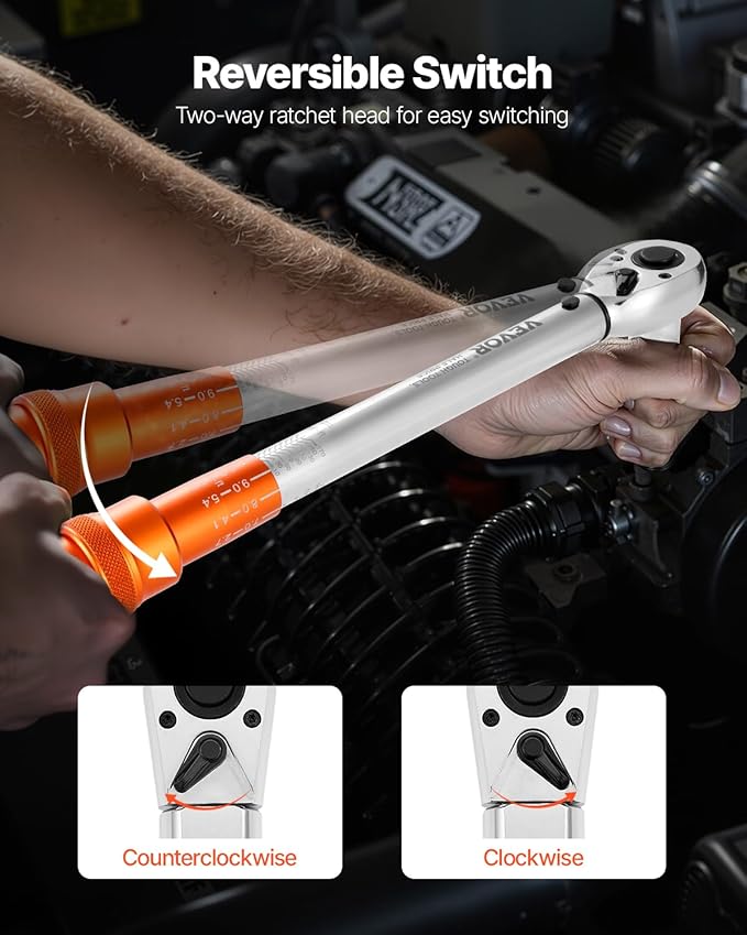 VEVOR Click Torque Wrench Set, 3 Pieces, 1/4, 3/8, 1/2 Inch Drive, 10-170 lbf-ft, 5-45 lbf-ft, 20-240 lbf-in, Dual-direction and Dual Range Scales, 72-Tooth, ±3% High Precision, for Bicycle Repair