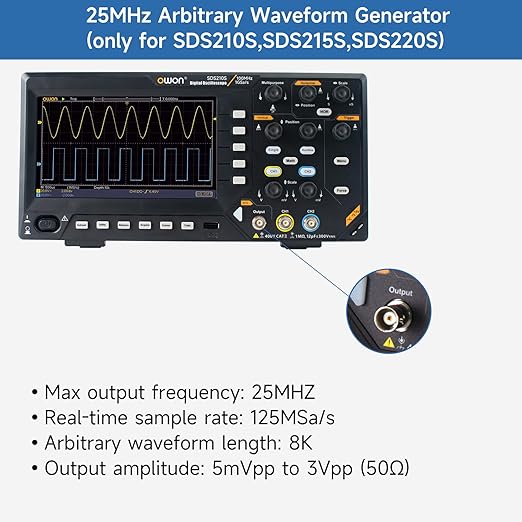 OWON Oscilloscope 100MHz Bandwidth, 2+1 Channel Digital Oscilloscope 3 in 1 Functions with 25MHz Function Generators with 7” LCD Display Support 30 Automatic Waveform Measurements OWON SDS210S