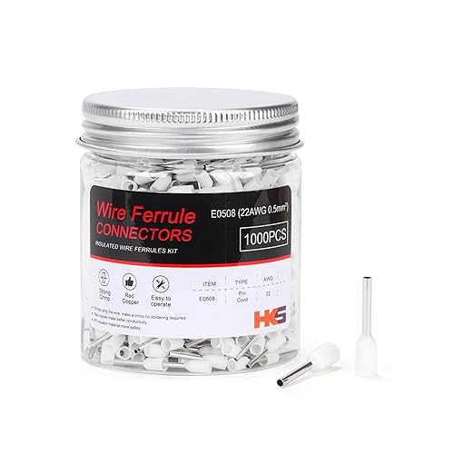 HKS 1000PCS Wire Ferrule Connectors - AWG 22-0.5mm² Copper Barrel Pin Cord Ends Insulated Ferrules Terminals - E0508 White