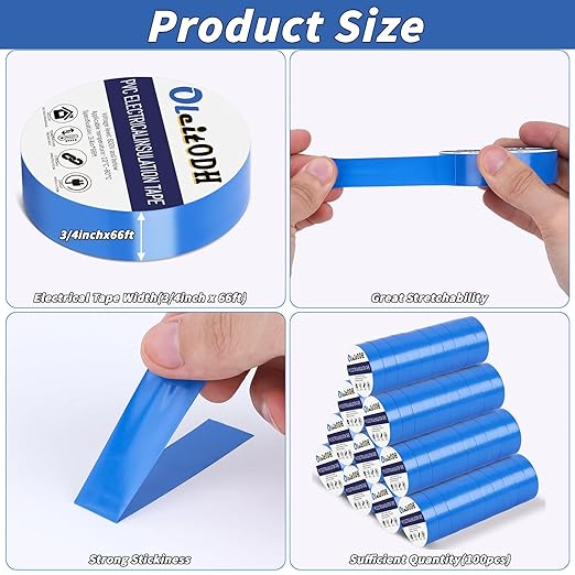 100 Rolls Blue Electrical Tape Bulk 3/4 Inch x 66ft, Waterproof Vinyl Electric Tape High Temp Insulation Tape for Electrical Protection Home Outdoor Electric Insulating Wire Wrapping