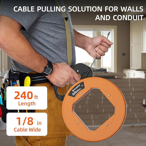 240 ft Electrical Fish Tape, 1/8-Inch Steel Wire Puller with Formed Hook, Easy-to-Use Cable Puller Tool with Ergonomic Handle & Durable Housing for Walls and Electrical Conduit