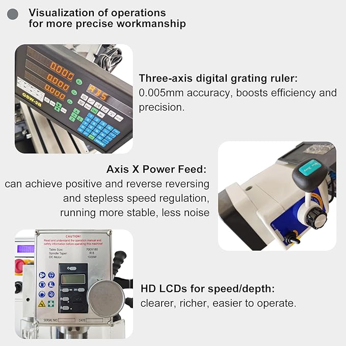 1300W Drilling and Milling Machine with Support Base, R8 Spindle Taper, 1.1" Drilling Diameter, Integrated Vertical Drilling and Milling Lathe for Metal, Wood and Plastic 110V