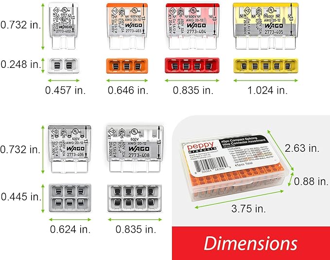 Wago 2773 Wall Nuts 45pc Push-in Wire Connector Assortment Kit with Case | Splicing for Solid and Stranded Electrical Conductors | 2773-402, 2773-403, 2773-404, 2773-405, 2773-406, 2773-408