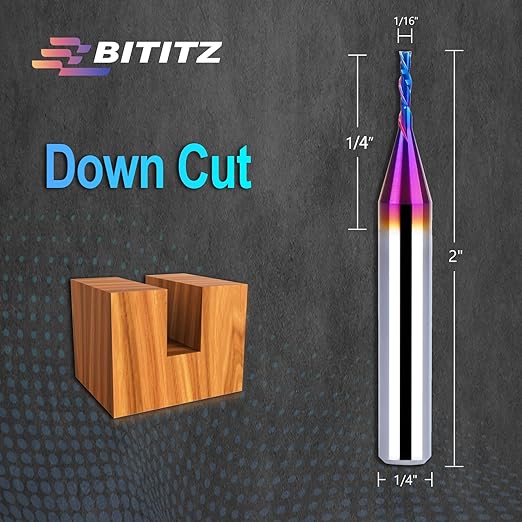 Downcut Spiral Router Bit 1/4 Inch Shank 1/16 Inch Cutting Diameter 1/4 inch Cutting Length with Extra Long Life Coating CNC Router Bits End Mill for Wood Cutting, Slot Mortise, Engraving
