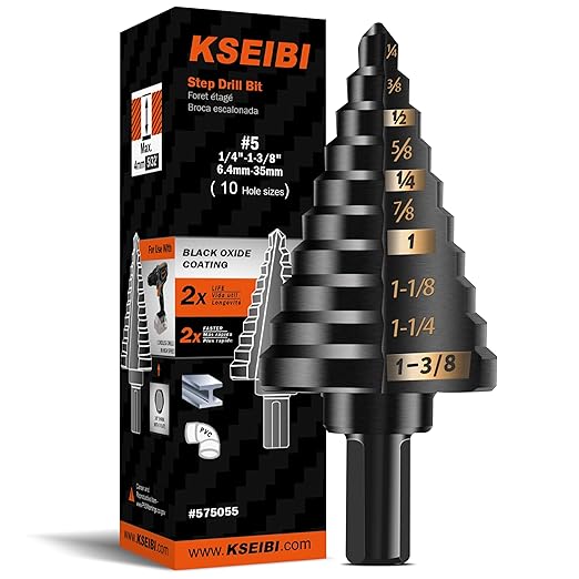 KSEIBI #5 HSS Step Drill Bit Set 1/4-1 3/8" with 3/8 Shank - Black Oxide Finish for Metal, Wood, Plastic Drilling - Durable, Precision Multi-Sized Bits with 3-Flat Shank 575055