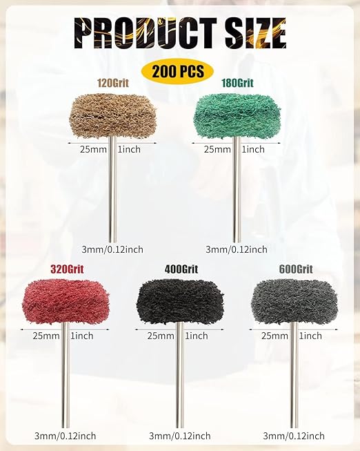 Rocaris 200 Pcs Abrasive Buffing Wheels, 1 inch Abrasive Buffing Polishing Wheels Burr for Rotary Tools-1/8(3mm) Shank, 120Grit, 180Grit, 320Grit, 400Grit, 600Grit