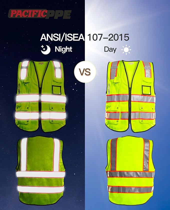 PACIFIC 10 Pockets Class 2 Safety Vest for Men, 3M High Visibility Reflective Strips, Meets ANSI/ISEA Standard, Yellow, XX-Large