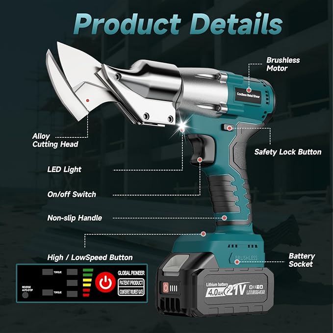 Cordless Sheet Metal Cutter, Brushless Metal Cutting Shears with 1×4.0Ah Battery, 360° Rotating Head & Variable Speed, Electric Scissors for Cutting Iron and Stainless Steel
