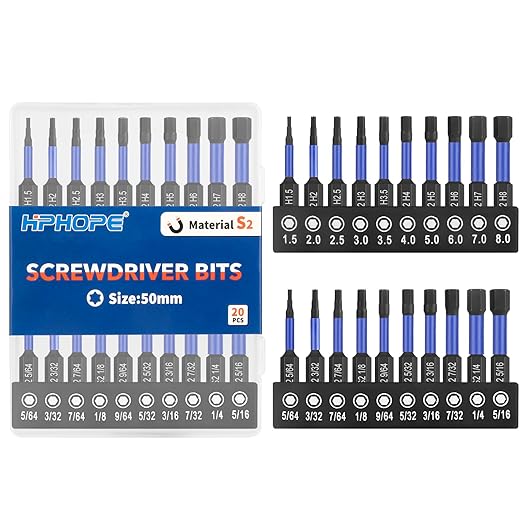 HPHOPE Impact Hex Head Allen Wrench Drill Bit Set 20 Pcs - Metric&SAE, S2 Steel Hex Bits Set, 1/4” Hex Shank with Magnetism, 50mm Long with Storage Box.