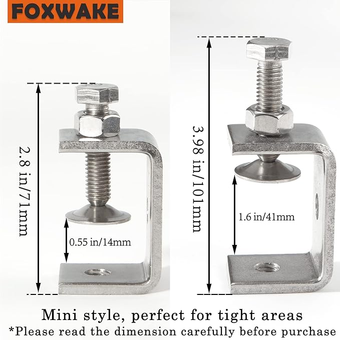 Stainless Steel C Clamps Small 1 1/2 Inch for Mounting, Heavy Duty U Clamps for Metal Working, Mini Desk Clamp with Stable Wide Jaw Opening & Protective Pads/I-Beam Design (2pcs)