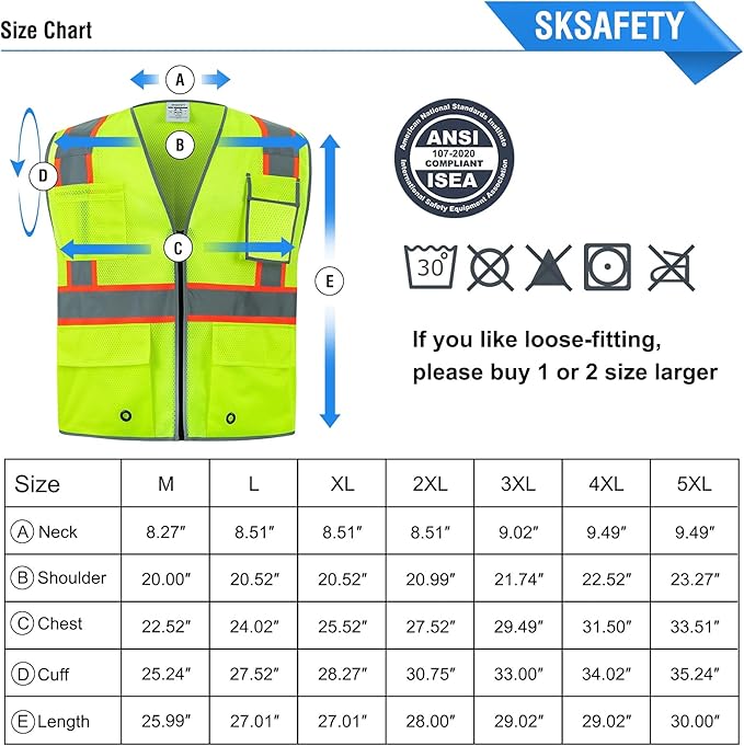 SKSAFETY 10 Pockets Safety Vest, Class 2 High Visibility Security with Zipper Double-sided mesh, Hi Vis Vest with Reflective Strips, ANSI/ISEA Standard, Construction Work Vest （Lime, L）