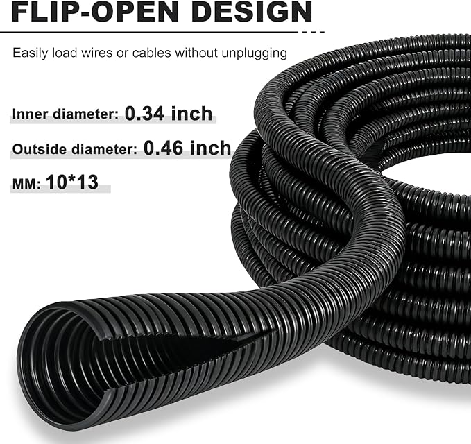 120FT 3/8 inch Split Wire Loom Tubing Kit with 2 Clamps - Flexible Abrasion Resistant Conduit for Automotive, Mechanical Cable Protection
