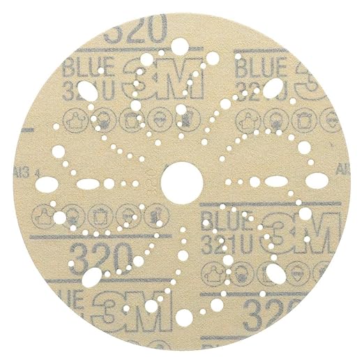 3M AMAPR Hookit 3M Blue Abrasive Discs 36180, Multi-Hole, Featheredging, Primer Sanding, Paint Preparation, 6 in, 320 Grade, 50 Discs/Carton