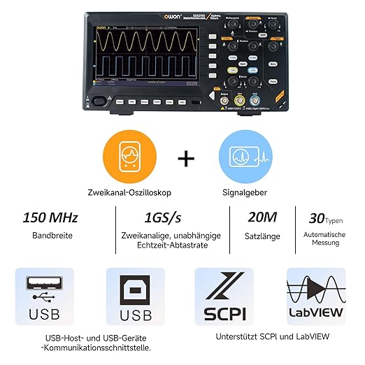 OWON Digital Oscilloscope with Dual-Channel Channels and Screen 7 inch, TFT-LCD Display, Portable Oscilloscope with 1GS/s Sampling Rate, Bandwidth 150MH,8K Waveform Length,SDS215S
