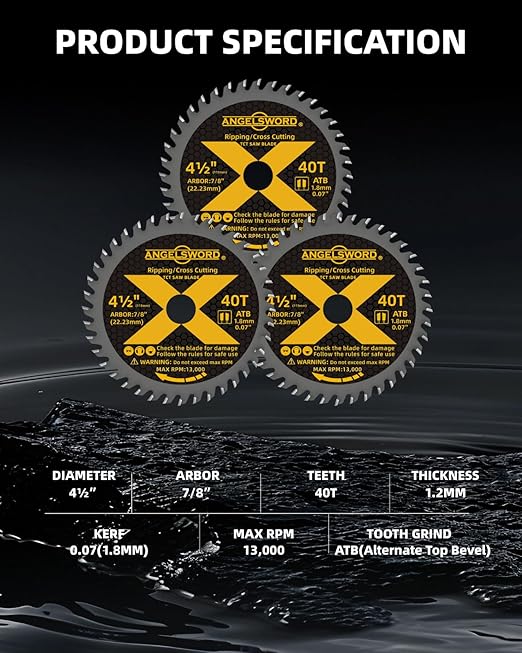 ANGELSWORD 4-1/2 Inch Circular Saw Blade,7/8" Arbor 40T, Used on Angle Grinder for Ripping, Cross Wood Cutting, 3 Pack, with 3/8"&5/8" Bushing