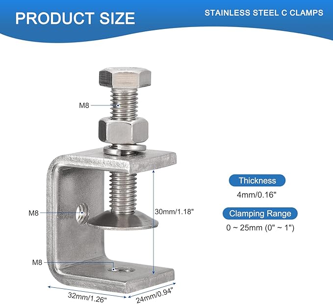 2 Pack 304 Stainless Steel C Clamps with 30mm/1.18" Stable Wide Jaw Opening Tiger Clamp for Woodworking Welding Construction Household Mount