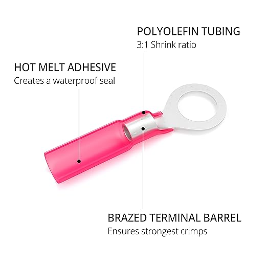 Wirefy 150 PCS Heat Shrink Ring Terminals 3/8" - a Resistant Ring Connectors - Eyelet Wire Connectors - Red 22-16 AWG