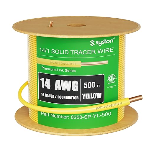 14 AWG Tracer Wire 600V 100% Solid Copper Conductor Direct Burial Underground, Yellow Tracer Wire for Locating Underground Pipes and Lines Gas Electrical Wire Water Sewer Pipe and Fiber Optic, 500 FT