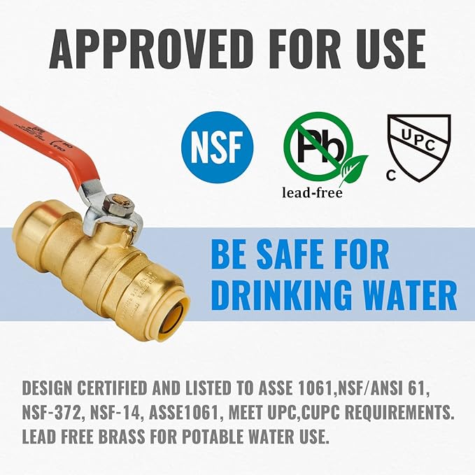 SUNGATOR 3/4 Inch Ball Valve, 3/4" Shut off Valve, No Lead Brass Push-to-Connect Plumbing Fittings, Full-Port Fit for PEX Pipe, Copper, CPVC, PE-RT, Pack of 2
