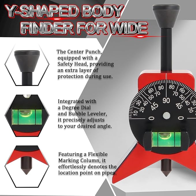 Pipe Center Finder, Pipefitter Tools w/Magnetic Centering Head, 2.75" Y-Type Pipe Fitting Tools w/Adjustable Dial Bubble Protractor to Measure Pipe Diameter from 1-1/2" to 6"
