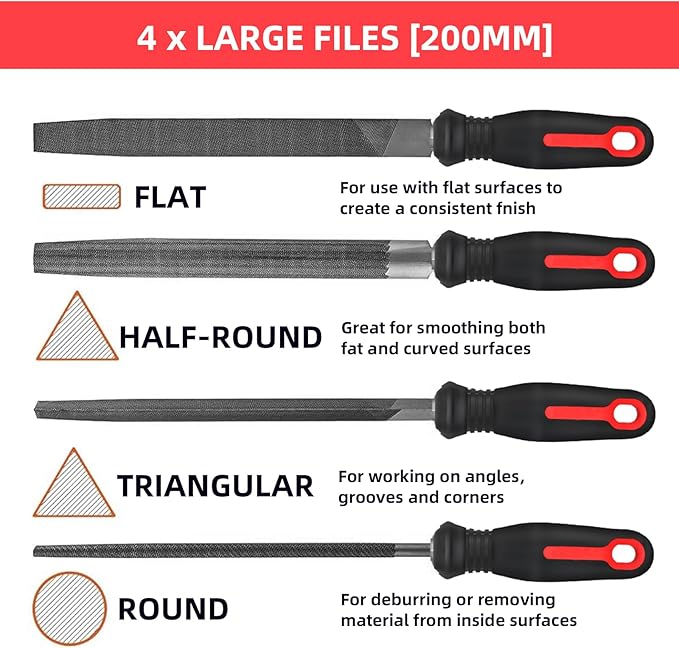 NORTOOLS 19 PCS Metal File Set, T12 Metal Files for Steel,Flat/Round/Triangle/Half-Round Hand Set with Needle File & Steel Brush for Metals, Metalworking & Woodworking