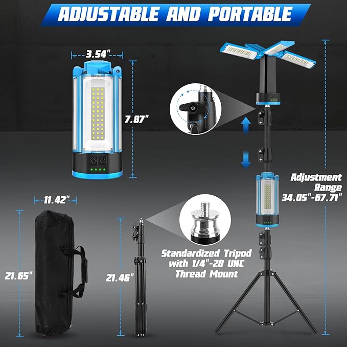 T-SUN Rechargeable Work Light with Stand, 6000K Camping Light with 4 LED Lamp Heads, 10400mAh Cordless Work Light for Job Sites, Emergency & Camping, Detachable Tripod & Storage Bag Included