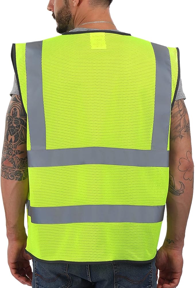 Dib Safety Reflective Vest Mesh, High Visibility Vest with Pockets and Zipper, Construction Work Vest ANSI Class 2, Yellow Mesh 2XL