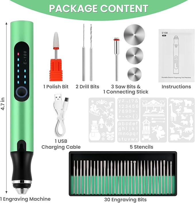 Electric Engraving Pen with 37 Bits, USB Rechargeable Cordless Etching Engraving Tool, Portable DIY Rotary Engraver for Jewelry Wood Glass Stone Carving (Green)