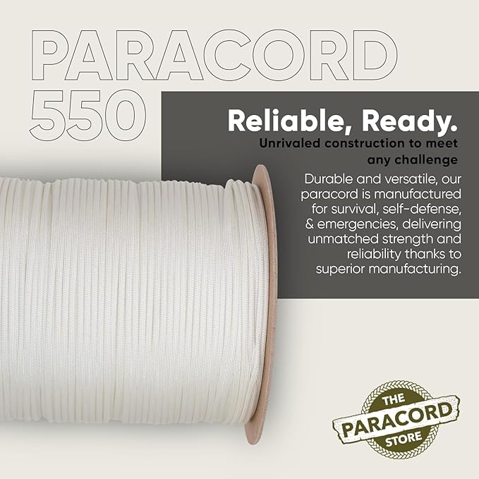 The Paracord Store | Type III 550 Paracord - 250 FT Spool, White | Heavy Duty 7 Strand Tactical Paracord - USA Made Nylon Outdoor Parachute Cord for Camping, Fishing & More - Survival Cord
