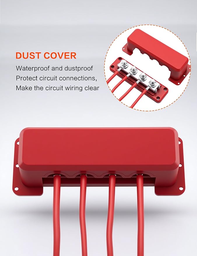 600A Heavy-Duty Bus Bar Nickel Plated Copper Distribution Terminal Block with Cover 4 M10 (3/8 in) Studs & 8 Screws Buss Bar for Solar RV Marine Car Audio 12-48V DC Battery System (Red)