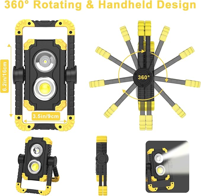 Samyoung 5000mAh 3000 Lumen Work Light Brightest, 30W Rechargeable Work Light, 360° Rotating LED IP65 Waterproof Mechanic Light for Job Site Car Repairing Construction Site