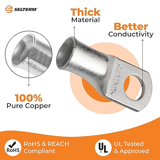 SELTERM 25pcs 1/0 AWG 3/8" Stud Marine Grade Tinned Copper Battery Cable Lugs, 0 Gauge Ring Terminals, UL Wire Lugs Electrical Battery Cable Ends, Tinned Copper Lugs Battery Terminal Connectors