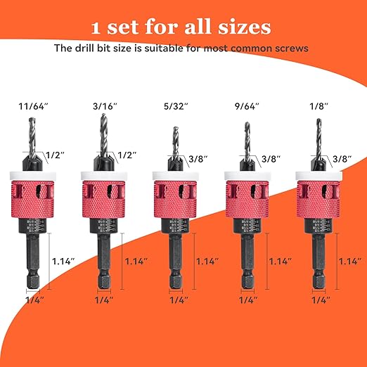 5 Pcs Hex Shank Countersink Drill Bit Set with Low Friction Depth Stop, 1/8" 9/64" 5/32" Drill+3/8” 82° Counter-Bore,11/64" 3/16" Drill+ 1/2" 82° Counter Bore,HSS M2 Tapered Bits