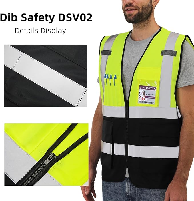 Dib Safety Reflective Vest High Visibility with Pockets and Zipper, Yellow and Black S