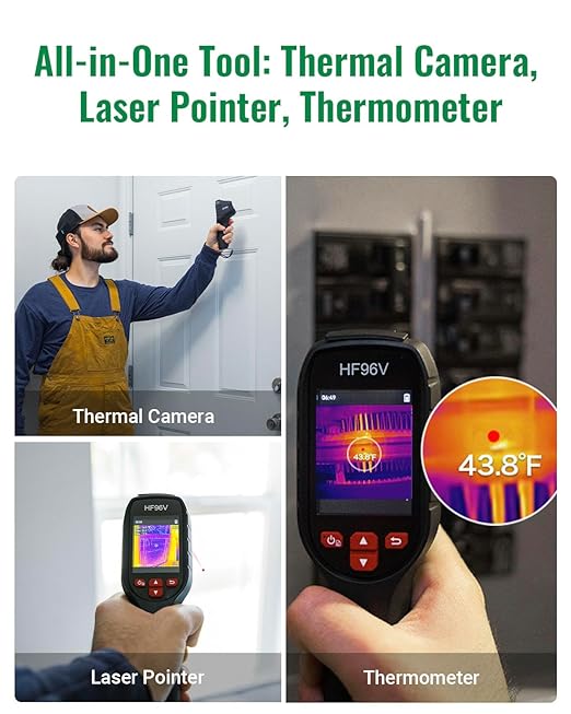 HF96V Thermal Camera with Visual Camera, 240 * 240 Super Resolution, Intelligent Scene Detection, Thermal Imaging Camera with Laser Pointer, 25 Hz, 50° FOV, -4°F to 1022°F, IP54 Infrared Camera