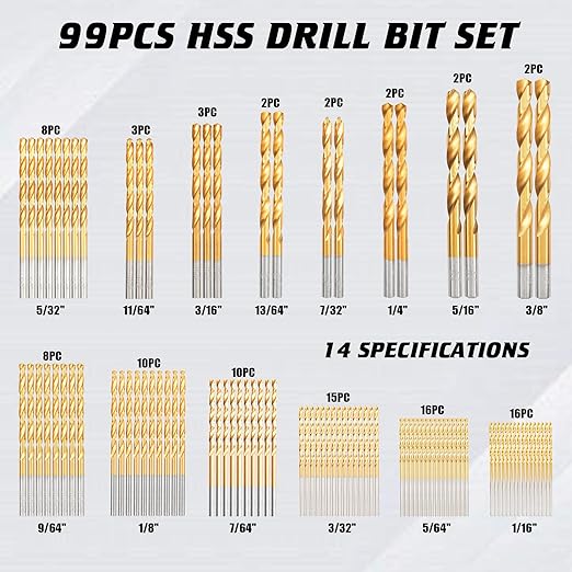 SAE 99PCS Titanium Coated Drill Bit Set, 135° Tip High Speed Steel, Twist Drill Bit Set with Storage Case for Aluminum, Copper, Soft Alloy Steel, Wood, Plastic Size from 1/16" to 3/8"