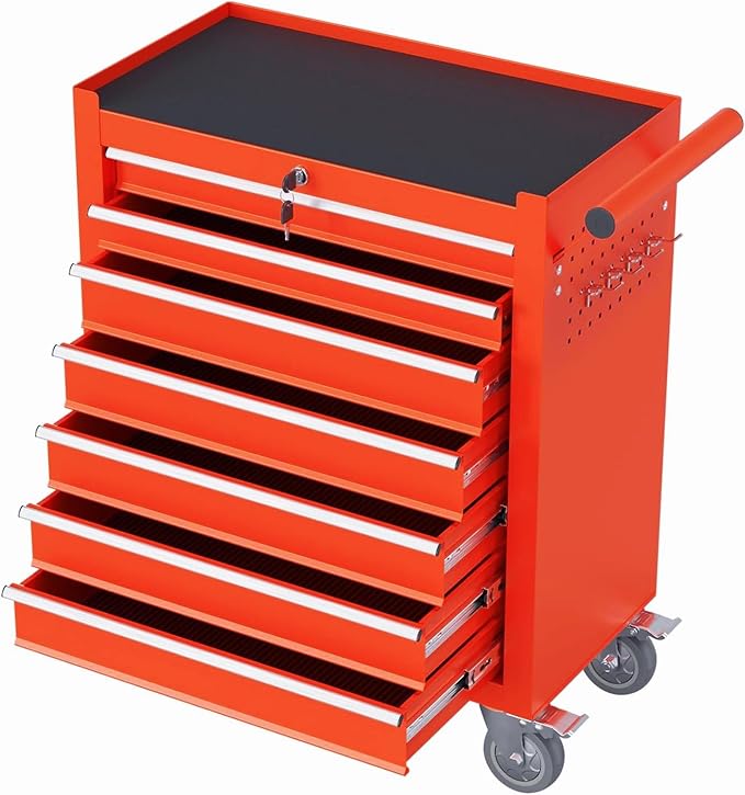 7-Drawer Rolling Tool Chest,Metal Rolling Tool Chest with Wheels and Locking Tool Box,Portable Metal Tool Box for Warehouse,Garage, Repair Shop, Workshop (Red, 7-Drawer)