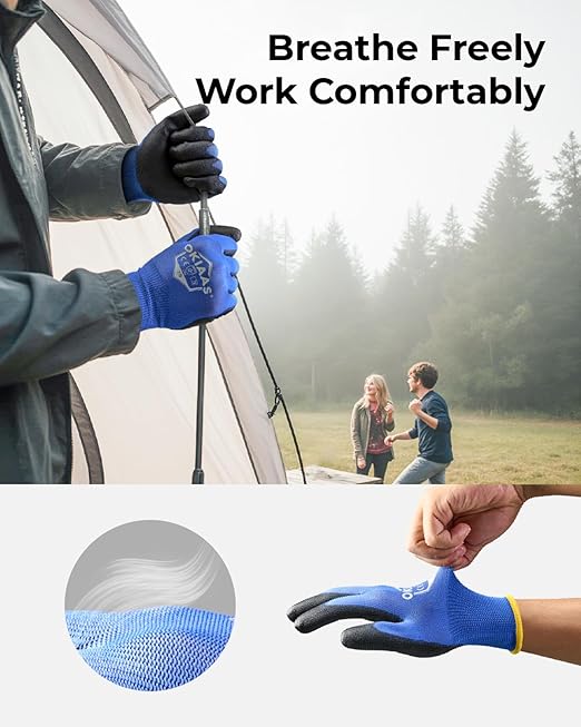 OKIAAS Work Gloves for Men，Ultra Thin and Lightweight Working Gloves with Grip, 12 Pairs Bulk Pack Construction Gloves with Polyurethane Coating for Light Duty Work (Black, XX-Large)