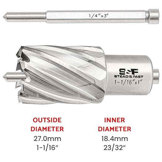 S&F STEAD & FAST Annular Cutter, 1-1/16" Cutting Diameter x 1" Depth of Cut for Magnetic Drill Press, Drill Bit Cutter, Mag Drill Bits with Pilot Pin