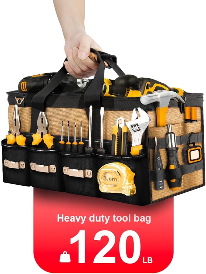 12 Inch Small Tool Bag-48 Pockets,1680D Tear&Abrasion Resistant,Includes Tool Pouch,Tool Belt,Magnetic Wristband&Adjustable Shoulder Strap | Tool Organizer(Brown)