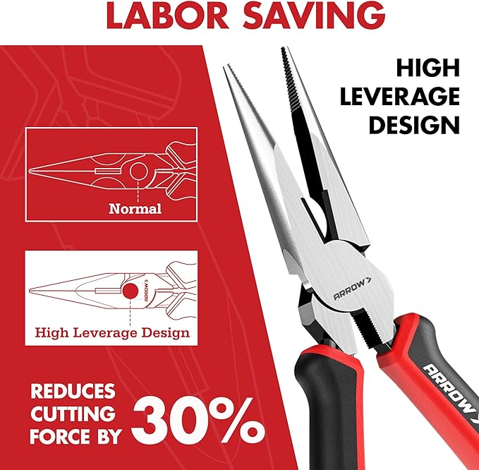 ARROW Needle Nose Pliers, 8-inch Long Nose Cutting Pliers with Wire Cutter, Comfortable TPR Handle, High Carbon Steel, High Leverage Diagonal Design