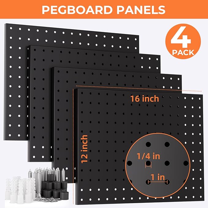 INCLY 70PCS Pegboard Wall Organizer, 4 Pack Metal Peg Board Panels with 1/4" Pegboard Hooks Accessories Kit, Black Peg Board for Walls Home, Garage Tool Storage, Workbench Organization