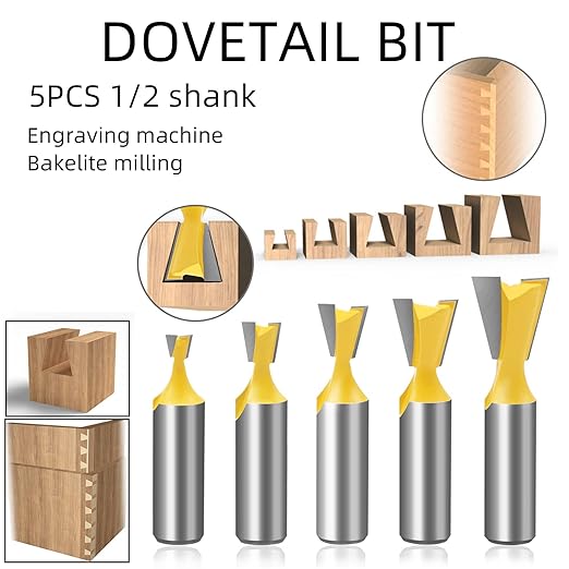 5Pcs Dovetail Router Bit Set 1/2 Inch Shank Half-Blind & Through Dovetail Bits Wood Joints Cutter Tool for Making Boxes Drawers Chests For Engraving Router planing Head Wood Cutter