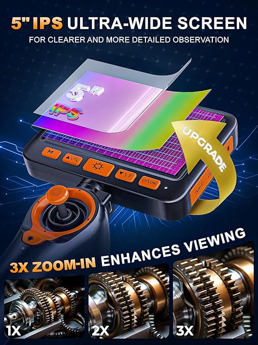 360°Articulating Borescope Camera - 5" HD 1080P Inspection Camera Screen with 6 Light, Endoscope with 6.2mm IP67 Waterproof Probe, 3X Zoom 4-Way Borescope with Flexible Cable