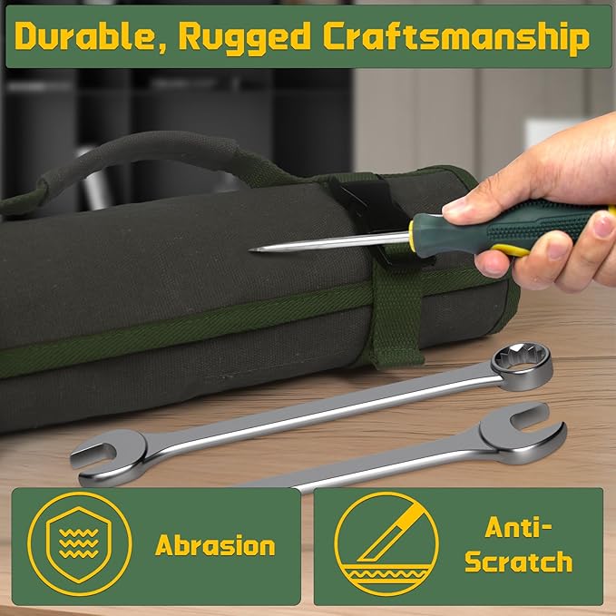Heavy-Duty 32-Pocket Wrench Roll-Up Organizer - Made with 16 oz. Waxed Canvas, Fits Metric & SAE Wrenches, Perfect for Mechanics, DIYers, and Tool Storage (Army Green)