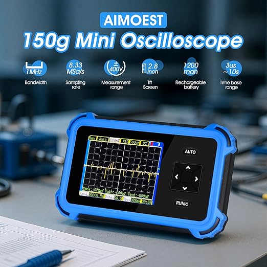 Handheld Oscilloscope Beginner, AIOMEST Mini Osciloscopio with 1MHz Bandwidth 8.33MSa/s, ±400V (800Vpp X10) - 150g Portable Scope for Automotive DIY, Electronics Hobbyists, Student Lab